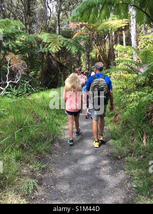 Vista posteriore di maschi e femmine di camminare in gruppo di escursionisti sulla giungla tropicale trail, Hawaii. Uomo con zaino cammina accanto a lady durante le escursioni nelle Hawaii. Foto Stock