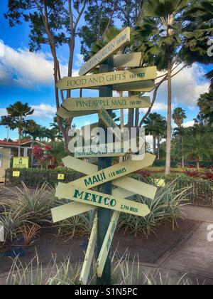 Direzione segno a Dole Plantation, Oahu, Hawaii Foto Stock