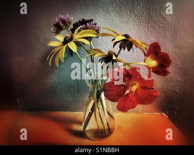 Raccolte a mano fiori da giardino in un piccolo vaso sul mantelpiece Foto Stock