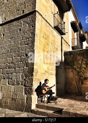 Il chitarrista suonando la chitarra, il museo di Picasso edificio, Malaga città vecchia street, Spagna Foto Stock