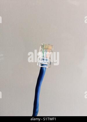 RJ45 UTP rete LAN plug, vista ravvicinata contro uno sfondo bianco Foto Stock