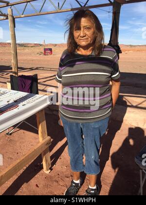 Juanita, Navajo nativo americano donna. Lavora come guida turistica di tracce di dinosauri fossili e vende i suoi gioielli fatti a mano nel nord dell'Arizona, USA. Foto Stock