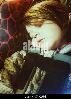 Il Toddler ragazza dorme nel sedile auto closeup Foto Stock