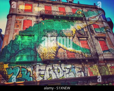 Urban Graffiti a Lisbona, Portogallo. Un enorme coccodrillo è dipinto sulle pareti esterne di un edificio abbandonato nel centro della citta'. Credito foto - © COLIN HOSKINS. Foto Stock