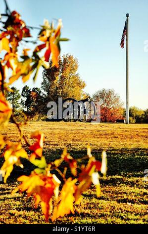 Un cannone sentinella si siede nella posizione del primo Fort Smith in Arkansas River. Le basi sono tutto ciò che sono a sinistra del primo forte. Foto Stock