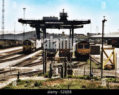 A nord del trasporto merci su rotaia terminale, porto di Felixstowe, Suffolk, Regno Unito. Foto Stock