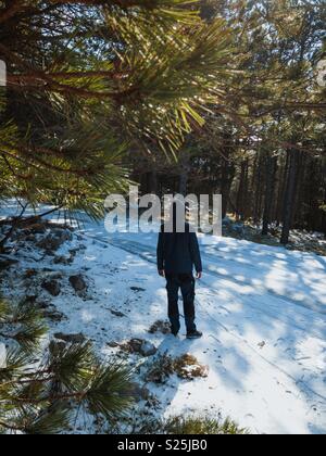 Uomo in piedi sulla coperta di neve strada nella foresta Foto Stock