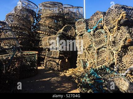 Lobster Pot sulla parete del porto Foto Stock