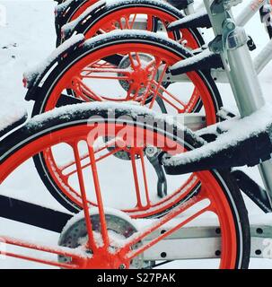 Bici su un rack intrappolati nella neve Foto Stock