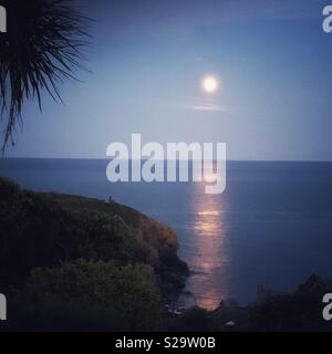 Chiaro di luna sul mare in Cornovaglia Foto Stock