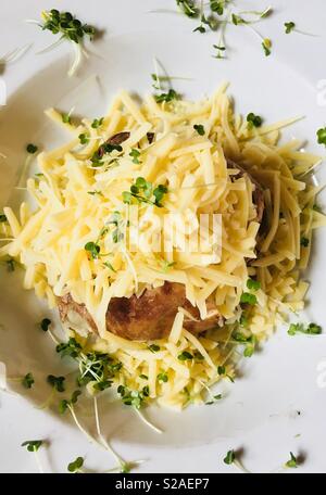 Giacca di patate con formaggio cheddar grattugiato. Servito in un piatto bianco e decorato con crescione - deliziosa patate al forno Foto Stock