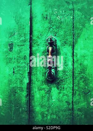 Colore verde brillante porta con maniglia in ottone Foto Stock