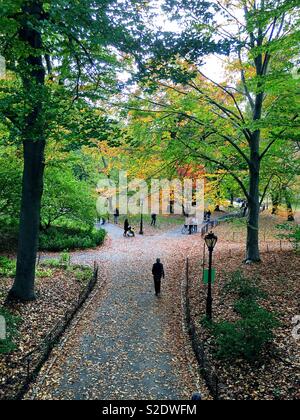 Le persone che si godono il sentiero sotto glade arch e altri percorsi nei pressi di Cedar Hill in un pomeriggio autunnale di Central Park, New York, Stati Uniti d'America Foto Stock