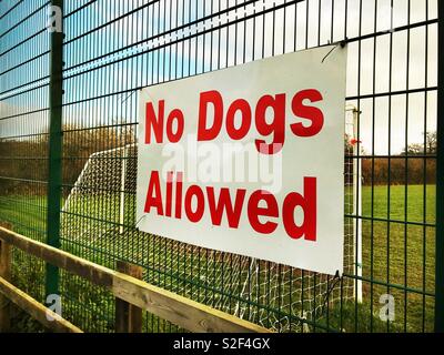 "I cani non ammessi" segno su un recinto intorno ad un campo di calcio Foto Stock