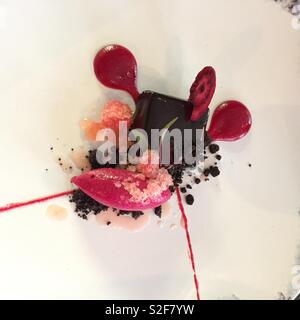 Elegante e fantasia dessert al cioccolato / pudding su una piastra bianca Foto Stock