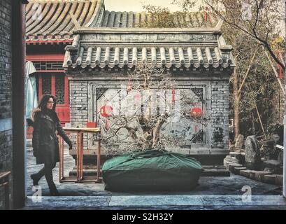 Una donna che cammina in Hutong di Pechino, Cina Foto Stock