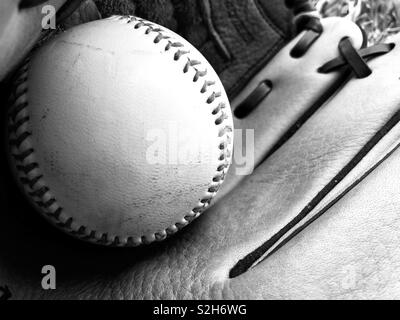 Il baseball in un catcher guanto Foto Stock