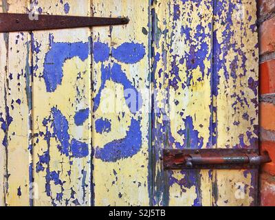 Vecchia toilette esterna porta con sfaldamento giallo pallido rivelando di vernice vecchia vernice viola al di sotto. Foto Stock