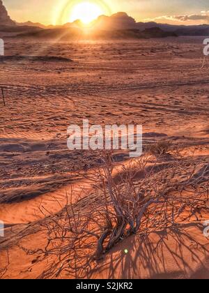 Tramonto a Wadi Rum desert, Giordania Foto Stock