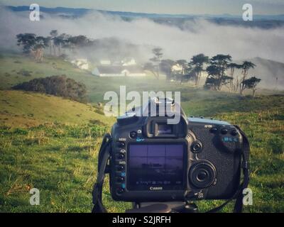 Vista dello storico Pierce Point Ranch coperta di nebbia, con la telecamera in primo piano, Point Reyes National Seashore, CALIFORNIA, STATI UNITI D'AMERICA Foto Stock