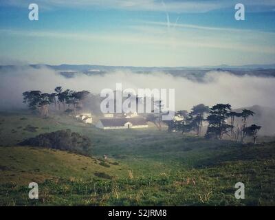 Vista dello storico Pierce Point Ranch copre in caso di nebbia al mattino presto nella Point Reyes National Seashore, CALIFORNIA, STATI UNITI D'AMERICA Foto Stock