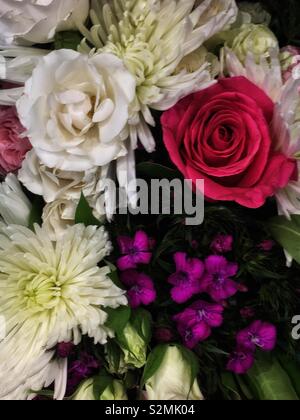 Mazzo di fiori freschi di fiori di primavera in soft focus. Rose, crisantemi. Foto Stock