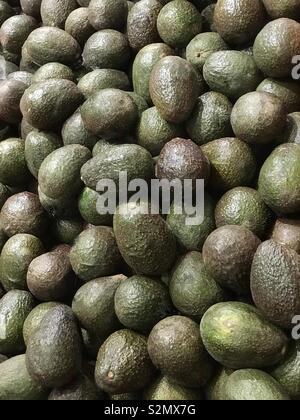 Un mucchio di organico, avocado maturo viene visualizzato sul display in un mercato degli agricoltori di produrre bin. Foto Stock