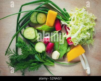 Vista dall'alto sul bordo di taglio con ingredienti per molla vegano insalata di verdure Foto Stock