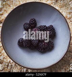 Ciotola di dolci freschi di more in un grigio blu ciotola con segatura sfocata sfondo rustico Foto Stock