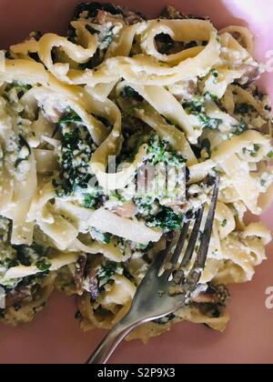 Tagliatelle con ricotta e spinaci pasto servito in una ciotola rosa Foto Stock