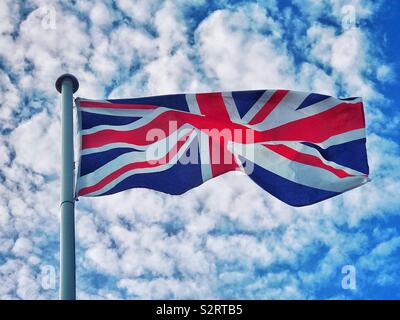 La bandiera del Regno Unito, sapere come l'Unione bandiera nonché l'Union Jack. Il colore rosso rappresenta l'Inghilterra. Il colore blu identifica la Scozia. Credito foto - © COLIN HOSKINS. Foto Stock
