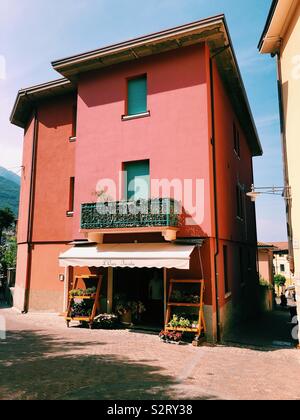 Luminoso edificio rosa con negozio di fiori in Italia Foto Stock