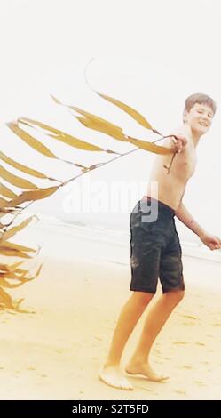 Ragazzo di 11 anni giocando sulla spiaggia tenendo un lungo pezzo di alghe e fa roteare attorno Foto Stock