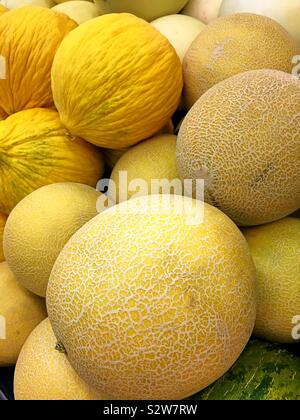 Melata e Canarie meloni per la vendita nel produrre corsia di un negozio di alimentari Foto Stock