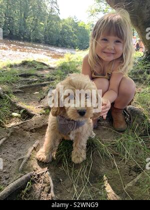 Bimba bionda e un cucciolo Foto Stock