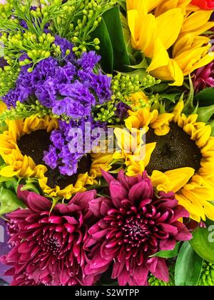 Bel bouquet di numerosi fiori colorati inclusi i girasoli giallo e rosso profondo crisantemi. Foto Stock