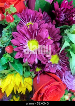 Bel bouquet di rosa fresca margherite e rose arancione Foto Stock
