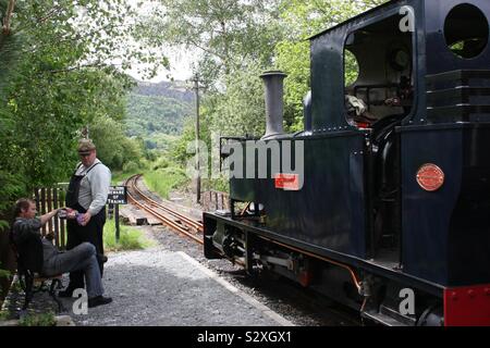 Motore a vapore Gelert, in appoggio tra treni sul Welsh Highland Heritage Railway Porthmadog Foto Stock