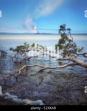 Bushfire su /attraverso il lago Foto Stock