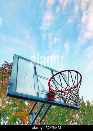 Il basket net fuori con il blu del cielo e alberi d'autunno in background Foto Stock