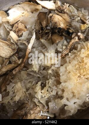 Una vista in pianta di una selezione di funghi secchi in ammollo una ciotola d'argento. Foto Stock