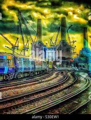 Battersea curva. Battersea Power Station in ricostruzione e riqualificazione, Londra visto dalla ferrovia di Victoria Station Foto Stock