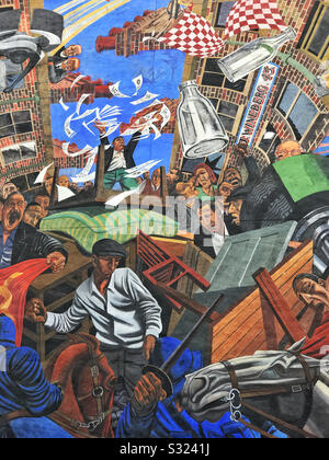Dettaglio della sezione del Murale di Via cavo che commemora i disordini tra il Partito fascista di Oswald Moseley, i socialisti, gli unionisti del commercio, le popolazioni ebraiche locali e la polizia il 04.10.1936. Foto Stock
