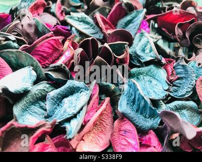 Primo piano pic of Aroma mix di fiori secchi, erbe e bacche- posto sulla luce del sole per evitare infezione fungo- colorful fiori secchi blu e rosa- usato per il trattamento terapeutico spruzzando olio aromatico Foto Stock