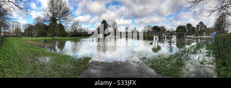 Cripplegate Park fuori New Road, di fronte al campo da cricket a Worcester, Regno Unito, sotto le inondazioni del fiume Severn. Febbraio 2020. Foto Stock