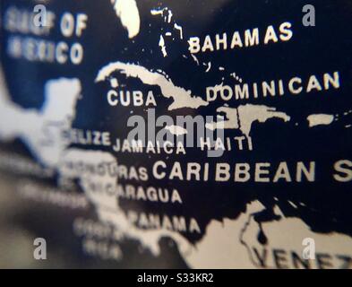 Primo piano (macro) di globo che mostra il Mar dei Caraibi, l'America Centrale, e il Golfo del Messico. Foto Stock