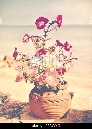 Fiori rosa in un vaso decorativo di fiori di argilla sul mare. Filtro vintage. Foto Stock