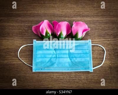 Rosa rose uscenti da una maschera chirurgica - Primavera 2020 durante Pandemy Coronavirus Foto Stock
