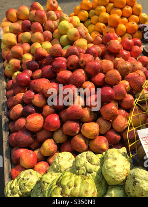 Mele e altri frutti locali sulle bancarelle della strada vicino alla stazione di Churchgate Mumbai, India. Foto Stock