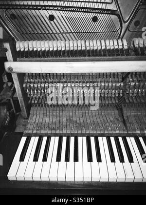 Foto in bianco e nero dell'interno di un pianoforte, con martelli, feltri, archi, picchetti di sintonizzazione e tastiera Foto Stock